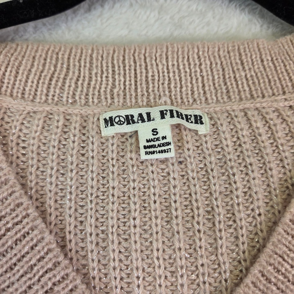Moral Fiber Womens Blush Pink Metallic Shimmer V-Neck Ribbed Knit Sweater Small - Picture 2 of 8